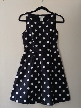 WHITE HOUSE BLACK MARKET WHBM Black & White Polka Dot Fit & Flare Midi Dress 0